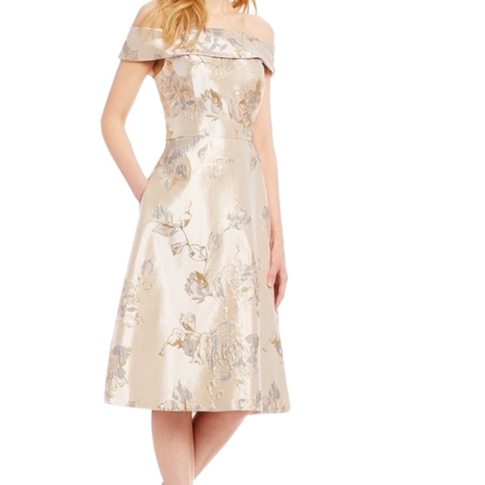 NWT Calvin Klein Off The Shoulder Floral Metallic Fit & Flare Dress - Size 2